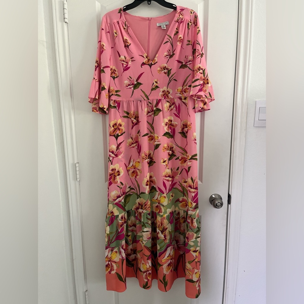 London Style Pink and Black Ruffled Tiered Maxi Dress